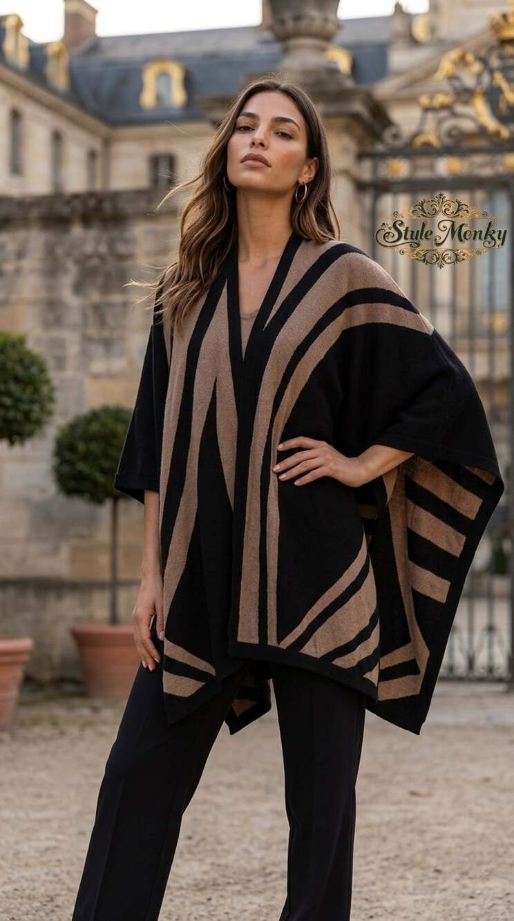 Chico's Vintage Charm Ruana Cape One Size Black Carmel Open Front